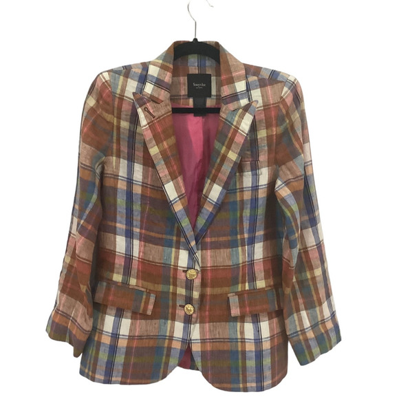Smythe Two Button Blazer In Madras Plaid 100% Linen With 100% Silk Lining Size 8 - Picture 1 of 7